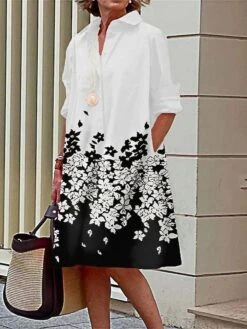 Women's Shirt Dress Casual Dress Midi Dress Outdoor Daily Vacation Polyester Fashion Casual Shirt Collar Button Pocket Long Sleeve Summer Spring Fall 2023 Loose Fit Black White Gray Polka Dot Flower
