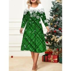 Women's Christmas Plus Size Curve Casual Dress Skater Dress A Line Dress Plaid Snowflake Midi Dress Long Sleeve Print Crew Neck Fashion Outdoor White Wine Fall Winter L XL XXL 3XL 4XL -Casual Print Dress Sales yvppgr1695640738418