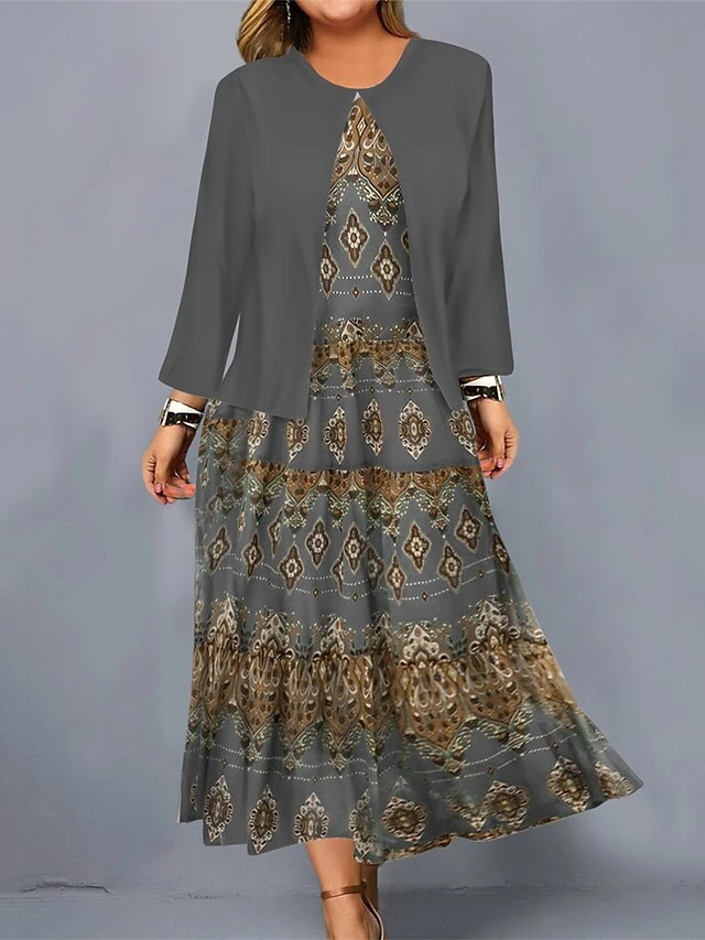 Women's Plus Size Curve Casual Dress Dress Set Two Piece Dress Geometric Gradient Midi Dress Long Sleeve Print Crew Neck Fashion Outdoor Blue Gold Fall Winter L XL XXL 3XL 4XL 3 Women's Plus Size Curve Casual Dress Dress Set Two Piece Dress Geometric Gradient Midi Dress Long Sleeve Print Crew Neck Fashion Outdoor Blue Gold Fall Winter L XL XXL 3XL 4XL - Image 3