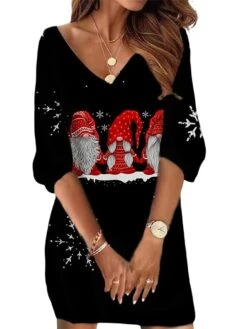 Women‘s Christmas Sweatshirt Dress Winter Dress Short Mini Dress Blue Black 3/4 Length Sleeve Santa Claus Snowman Snowflake Print Fall Winter V Neck Vacation Casual Loose Fit 2022 S M L XL XXL 3XL -Casual Print Dress Sales ywatxd1668520002003