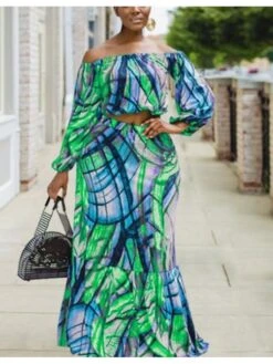 Women‘s Plus Size Curve Two Piece Dress Graphic One Shoulder Lantern Sleeve Long Sleeve Fall Spring Stylish Elegant Maxi Long Dress Holiday Vacation Dress -Casual Print Dress Sales ywdvkj1628660856237