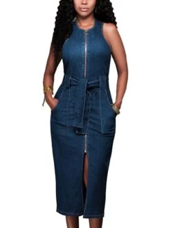 Women's Denim Dress Bodycon Sheath Dress Maxi Long Dress Denim Stylish Casual Daily Vacation Going Out Crew Neck Lace Up Zipper Sleeveless Summer Spring Fall 2023 Slim Blue Pure Color S M L XL -Casual Print Dress Sales ywgfsc1643105762442