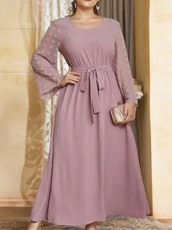 Women's Plus Size Work Dress Swing Dress Semi Formal Dress Fashion Long Dress Maxi Dress Lace Up Crew Neck Long Sleeve Plain Regular Fit Purple Fall Winter L XL XXL 3XL 4XL