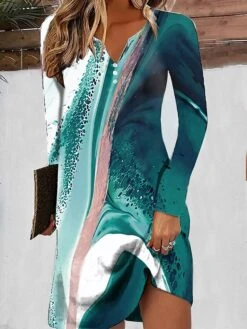 Women's Casual Dress Summer Dress Print Dress Ombre Marble Print Button Print Split Neck Mini Dress Fashion Streetwear Outdoor Daily Long Sleeve Loose Fit Light Green Pink Navy Blue Summer Spring S M -Casual Print Dress Sales ywkfbo1690452852532