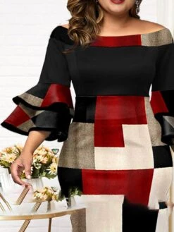 Women‘s Plus Size Curve Party Dress Plaid Off Shoulder Print 3/4 Length Sleeve Spring Fall Elegant Mature Midi Dress Formal Work Dress -Casual Print Dress Sales yxbmre1649309836059