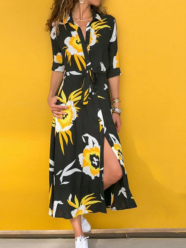 Women's Shirt Dress Casual Dress Tunic Dress Midi Dress Outdoor Daily Date Polyester Basic Classic Shirt Collar Button Tie Belt 3/4 Length Sleeve Spring Fall Winter 2023 Loose Fit Black Blue Green 4 Women's Shirt Dress Casual Dress Tunic Dress Midi Dress Outdoor Daily Date Polyester Basic Classic Shirt Collar Button Tie Belt 3/4 Length Sleeve Spring Fall Winter 2023 Loose Fit Black Blue Green - Image 4