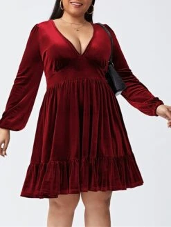 Women‘s Plus Size Curve Party Dress Velvet Dress Cocktail Dress Mini Dress Black Wine Royal Blue Long Sleeve Pure Color Ruched Spring Fall Winter V Neck Fashion Birthday Wedding Guest Vacation 2023 -Casual Print Dress Sales yydexf1692176732639