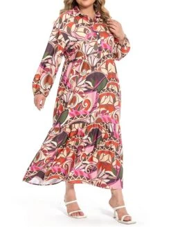 Women's Plus Size Curve Shirt Dress Work Dress Satin Dress Floral Long Dress Maxi Dress Long Sleeve Split Shirt Collar Fashion Office Red Fall Winter L XL XXL 3XL 4XL -Casual Print Dress Sales yyeuff1694772963889