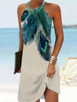 Women's Casual Dress Summer Dress Slip Dress Feather Print Halter Mini Dress Active Fashion Outdoor Daily Sleeveless Regular Fit Yellow Blue Green Summer Spring S M L XL XXL -Casual Print Dress Sales yyhbyr1687337225007