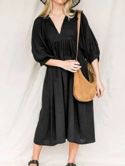 Women's Shirt Dress Casual Dress Midi Dress Outdoor Daily Date Cotton Basic Classic V Neck Ruched Long Sleeve Fall Winter 2023 Loose Fit Black Green Apricot Pure Color S M L XL -Casual Print Dress Sales yyubmy1695096314203