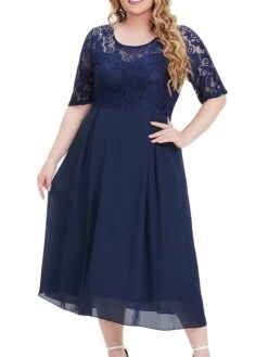 Women's Plus Size Party Dress Lace Dress Cocktail Dress Midi Dress Dark Blue Half Sleeve Pure Color Lace Fall Winter Autumn Crew Neck Fashion Winter Dress Wedding Guest Vacation 2023 XL XXL 3XL 4XL -Casual Print Dress Sales yywfck1693296919390