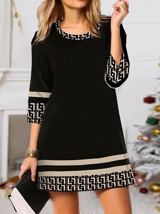 Women's Work Dress Semi Formal Dress Fashion Mini Dress Print Crew Neck 3/4 Length Sleeve Plaid Stripe Regular Fit Black White Brown Summer Spring S M L XL XXL 3 Women's Work Dress Semi Formal Dress Fashion Mini Dress Print Crew Neck 3/4 Length Sleeve Plaid Stripe Regular Fit Black White Brown Summer Spring S M L XL XXL - Image 3