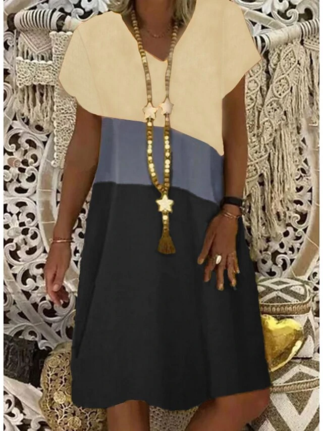 Women's Shift Dress Midi Dress Yellow Orange Khaki Short Sleeve Color Block Patchwork Summer Spring V Neck Hot Loose Fit 2023 S M L XL XXL 3XL 4XL 5XL 2 Women's Shift Dress Midi Dress Yellow Orange Khaki Short Sleeve Color Block Patchwork Summer Spring V Neck Hot Loose Fit 2023 S M L XL XXL 3XL 4XL 5XL - Image 2