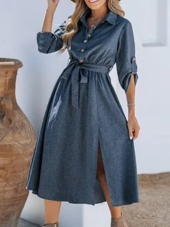 Women's Shirt Dress Casual Dress Midi Dress Outdoor Daily Date Polyester Basic Classic Shirt Collar Lace Up Button Long Sleeve Spring Fall Winter 2023 Loose Fit Navy Blue Pure Color S M L XL -Casual Print Dress Sales yzxqob1692180018659