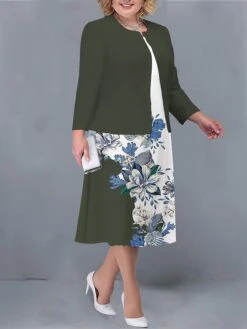 Women's Plus Size Two Piece Dress Set Casual Dress Print Dress Outdoor Office Fashion Streetwear Print Midi Dress Crew Neck Long Sleeve Floral Regular Fit Yellow Light Green Dark Pink Fall Winter L -Casual Print Dress Sales zaqjdi1693374466284