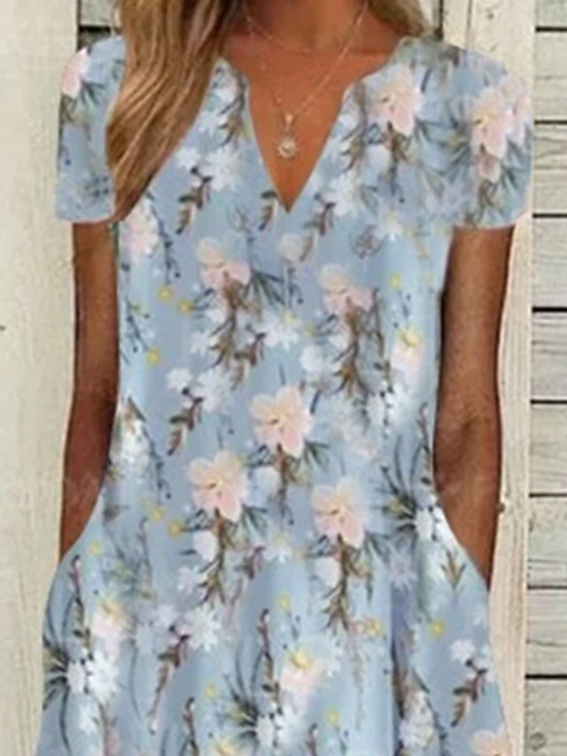 Women's Casual Dress Midi Dress Blue Short Sleeve Floral Pocket Summer Spring V Neck Casual Loose Fit 2023 S M L XL XXL 2 Women's Casual Dress Midi Dress Blue Short Sleeve Floral Pocket Summer Spring V Neck Casual Loose Fit 2023 S M L XL XXL - Image 2