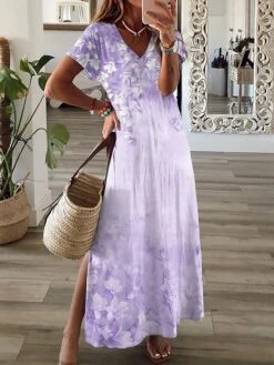 Women's Casual Dress A Line Dress Floral Dress Floral Split Print V Neck Long Dress Maxi Dress Fashion Streetwear Outdoor Daily Short Sleeve Regular Fit Blue Purple Green Summer Spring S M L XL XXL -Casual Print Dress Sales zbjkeo1687147086542