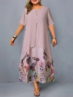 Women‘s Plus Size Curve Apple Shaped Dress Casual Dress A Line Dress Graphic Long Dress Maxi Dress Short Sleeve Fake Two Piece Print Crew Neck Fashion Daily Pink Green Spring Summer Dress -Casual Print Dress Sales zbkngr1677061019394