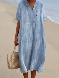 Women‘s Casual Dress Shirt Dress Shift Dress Plain Dress Plain Pocket V Neck Midi Dress Fashion Basic Outdoor Daily Half Sleeve Loose Fit Blue Dark Green Summer Spring S M L XL 2XL