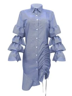 Women's Shirt Dress Sheath Dress Midi Dress Winter Dress Daily Vacation Polyester Cotton Blend Fashion Casual Shirt Collar Lace Up Ruched Long Sleeve Summer Spring Fall 2022 Regular Fit Red Light Blue -Casual Print Dress Sales zbzstg1634352967566