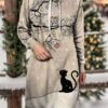Women's Christmas Dress Hoodie Dress Mini Dress Warm Fashion Outdoor Christmas Holiday Hoodie Print Cat Loose Fit Pink Purple Khaki S M L XL XXL