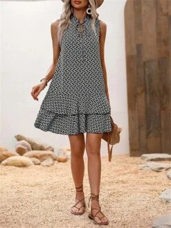 Women's Casual Dress Tank Dress Summer Dress Geometric Hollow Out Print Stand Collar Mini Dress Fashion Streetwear Outdoor Date Sleeveless Regular Fit Black Red Blue Summer Spring S M L XL XXL -Casual Print Dress Sales zcmrls1686117826103