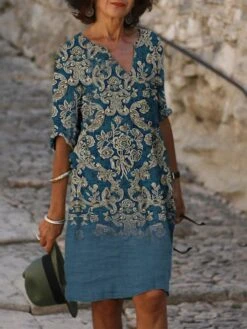 Women's Casual Dress Shift Dress Summer Dress Floral Geometric Print Split Neck Midi Dress Active Fashion Outdoor Daily Half Sleeve Regular Fit Pink Navy Blue Blue Summer Spring S M L XL XXL