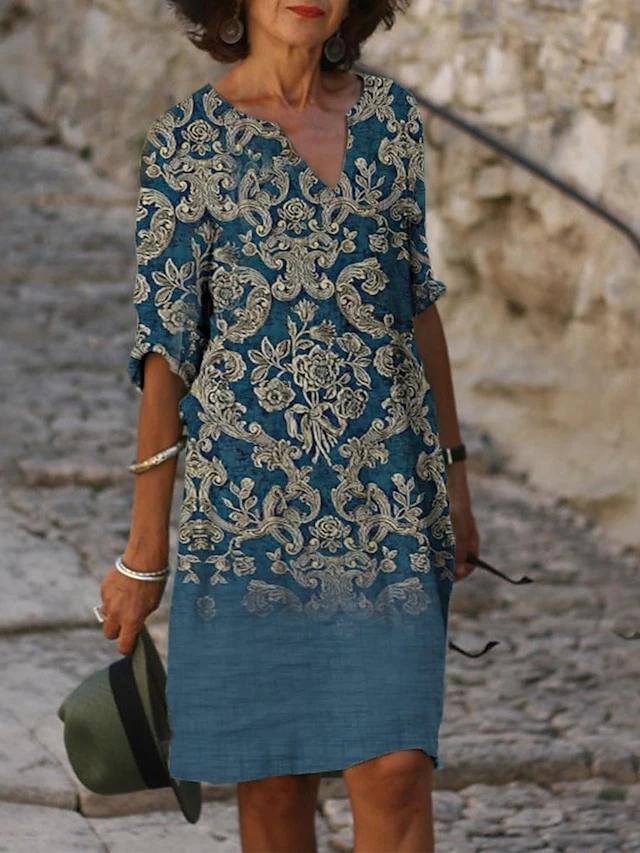 Women's Casual Dress Shift Dress Summer Dress Floral Geometric Print Split Neck Midi Dress Active Fashion Outdoor Daily Half Sleeve Regular Fit Pink Navy Blue Blue Summer Spring S M L XL XXL 1 Women's Casual Dress Shift Dress Summer Dress Floral Geometric Print Split Neck Midi Dress Active Fashion Outdoor Daily Half Sleeve Regular Fit Pink Navy Blue Blue Summer Spring S M L XL XXL