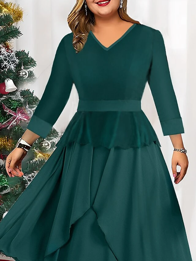 Women's Christmas Plus Size Curve Winter Dress Casual Dress Chiffon Dress Plain Midi Dress Long Sleeve Ruffle Layered V Neck Fashion Christmas Green Fall Winter L XL XXL 3XL 4XL 2 Women's Christmas Plus Size Curve Winter Dress Casual Dress Chiffon Dress Plain Midi Dress Long Sleeve Ruffle Layered V Neck Fashion Christmas Green Fall Winter L XL XXL 3XL 4XL - Image 2