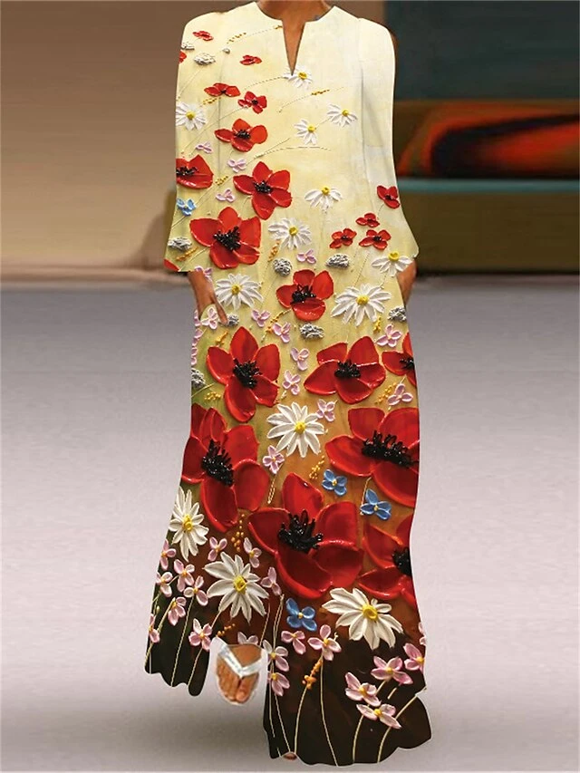 Women's Casual Dress Shift Dress Swing Dress Long Dress Maxi Dress Yellow Red Blue 3/4 Length Sleeve Flower Print Spring Fall Winter Crew Neck Fashion Vacation 2023 S M L XL 2XL 3XL 4XL 5XL 2 Women's Casual Dress Shift Dress Swing Dress Long Dress Maxi Dress Yellow Red Blue 3/4 Length Sleeve Flower Print Spring Fall Winter Crew Neck Fashion Vacation 2023 S M L XL 2XL 3XL 4XL 5XL - Image 2