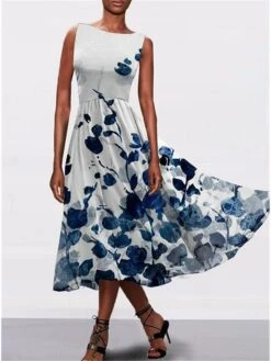 Women's Casual Dress Swing Dress A Line Dress Floral Print Crew Neck Midi Dress Fashion Streetwear Outdoor Daily Sleeveless Regular Fit White Blue Green Summer Spring S M L XL XXL