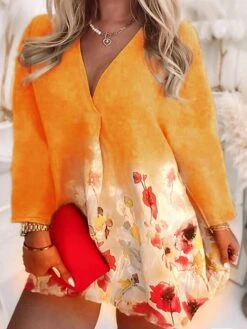 Women‘s Plus Size Curve Apple Shaped Dress Casual Dress Floral V Neck Print Long Sleeve Winter Fall Stylish Casual Mini Dress Daily Vacation Dress Weekend -Casual Print Dress Sales zdxwza1638498090726