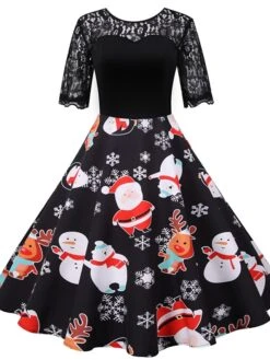 Women's Christmas Casual Dress Swing Dress Midi Dress Black Short Sleeve Santa Claus Snowman Snowflake Lace Winter Fall Crew Neck Vintage Elegant Casual 2022 S M L XL 2XL 3XL / Black Dress 6 Women's Christmas Casual Dress Swing Dress Midi Dress Black Short Sleeve Santa Claus Snowman Snowflake Lace Winter Fall Crew Neck Vintage Elegant Casual 2022 S M L XL 2XL 3XL / Black Dress -Casual Print Dress Sales zedsjn1666430372606