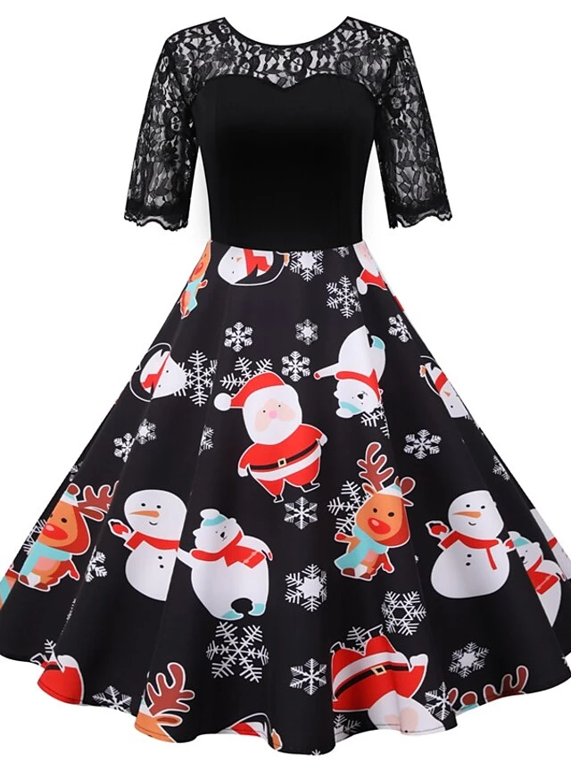 Women's Christmas Casual Dress Swing Dress Midi Dress Black Short Sleeve Santa Claus Snowman Snowflake Lace Winter Fall Crew Neck Vintage Elegant Casual 2022 S M L XL 2XL 3XL / Black Dress 3 Women's Christmas Casual Dress Swing Dress Midi Dress Black Short Sleeve Santa Claus Snowman Snowflake Lace Winter Fall Crew Neck Vintage Elegant Casual 2022 S M L XL 2XL 3XL / Black Dress - Image 3