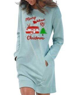Women‘s Christmas Casual Dress Hoodie Dress Light Blue Grey White Long Sleeve Letter Pocket Print Winter Fall Crew Neck Stylish Casual Fall Dress Loose Fit 2022 S M L XL 2XL / Cotton / Winter Dress -Casual Print Dress Sales zekxpi1666258538270