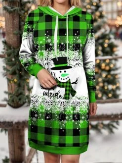Women's Christmas Dress Hoodie Dress Mini Dress Warm Fashion Outdoor Christmas Holiday Hoodie Print Snowman Snowflake Loose Fit Wine Blue Green S M L XL XXL -Casual Print Dress Sales zelbqn1697633672926