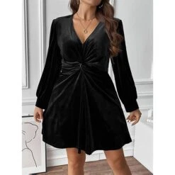 Women's Plus Size Curve Party Dress Black Velvet Dress Cocktail Dress Solid Color Mini Dress Long Sleeve Ruched V Neck Fashion Party Black Fall Winter XL XXL 3XL -Casual Print Dress Sales zenqse1695645442878
