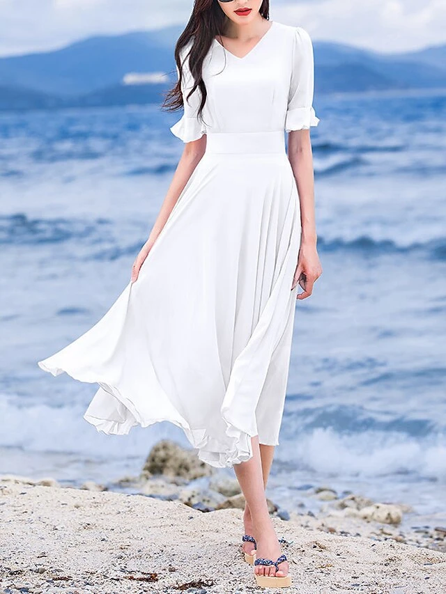 Women's Casual Dress Chiffon Dress Sundress Plain Ruched V Neck Midi Dress Active Fashion Outdoor Daily Short Sleeve Regular Fit White Wine Red Summer Spring S M L XL XXL 11 Women's Casual Dress Chiffon Dress Sundress Plain Ruched V Neck Midi Dress Active Fashion Outdoor Daily Short Sleeve Regular Fit White Wine Red Summer Spring S M L XL XXL - Image 11