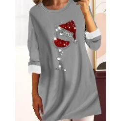 Women's Casual Dress Christmas Dress Shift Dress Print Print Crew Neck Mini Dress Fashion Modern Home Christmas Long Sleeve Regular Fit Pink Wine Red Fall Winter S M L XL XXL