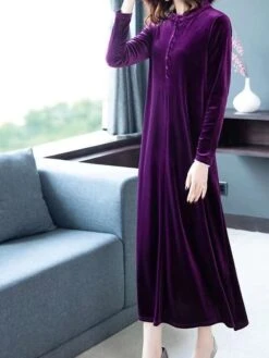 Women's Party Dress Velvet Dress Emerald Green Dress Midi Dress Black Wine Purple Long Sleeve Pure Color Button Fall Spring Crew Neck Stylish Winter Dress Weekend Fall Dress 2023 M L XL XXL 3XL 4XL -Casual Print Dress Sales zfkbdw1638864449380