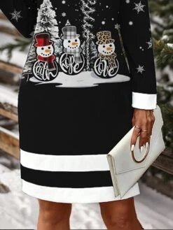 Women's Christmas Dress Casual Dress Mini Dress Active Fashion Outdoor Christmas Holiday Crew Neck Print Snowman Loose Fit Black S M L XL XXL -Casual Print Dress Sales zfxjmg1697106959685