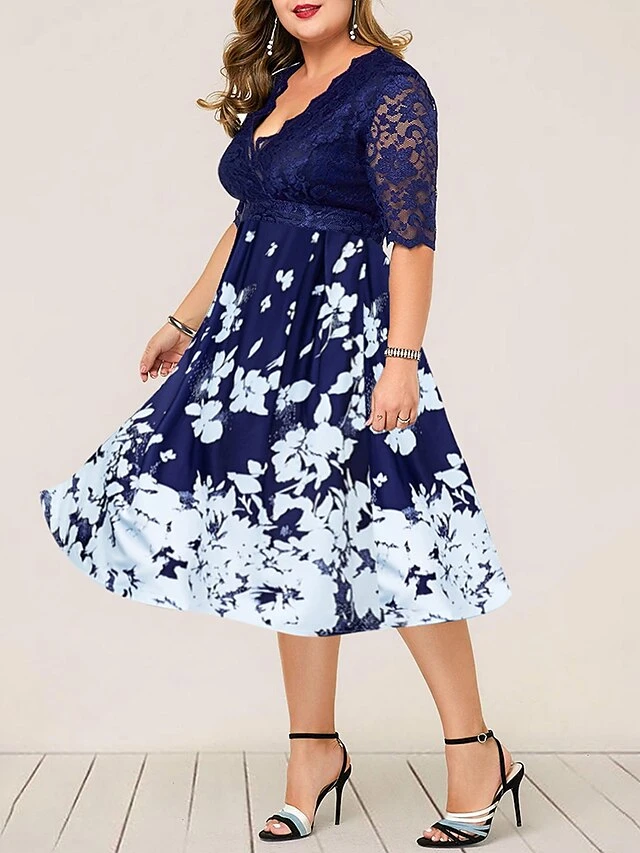 Women‘s Plus Size Curve Party Dress Floral V Neck Lace Half Sleeve Fall Spring Work Vintage Midi Dress Daily Vacation Dress Homecoming Dress Print 2 Women‘s Plus Size Curve Party Dress Floral V Neck Lace Half Sleeve Fall Spring Work Vintage Midi Dress Daily Vacation Dress Homecoming Dress Print - Image 2