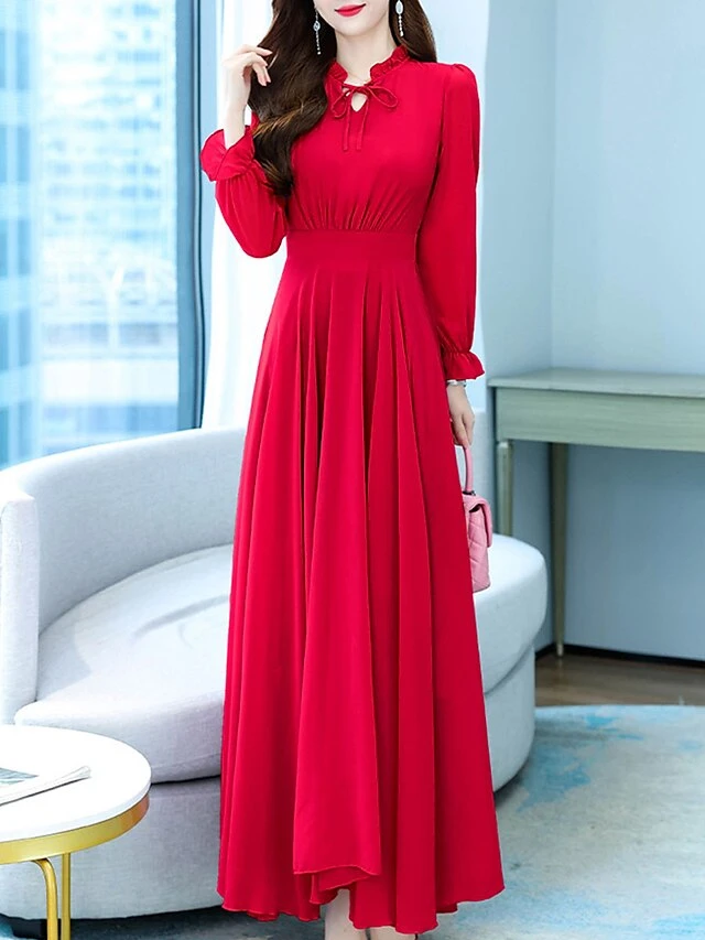 Women's Long Dress Maxi Dress Casual Dress Chiffon Dress Black Dress Plain Streetwear Casual Outdoor Daily Holiday Lace Up Ruched Long Sleeve Crew Neck Dress Regular Fit Black Pink Red Summer Spring 2 Women's Long Dress Maxi Dress Casual Dress Chiffon Dress Black Dress Plain Streetwear Casual Outdoor Daily Holiday Lace Up Ruched Long Sleeve Crew Neck Dress Regular Fit Black Pink Red Summer Spring - Image 2