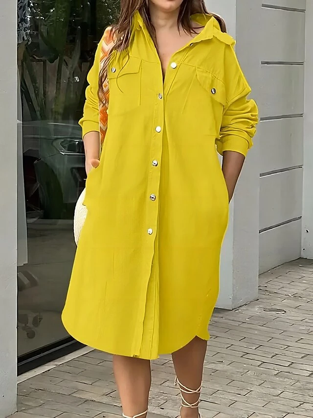 Women's Shirt Dress Casual Dress Shift Dress Midi Dress Outdoor Daily Vacation Polyester Fashion Modern Shirt Collar Button Pocket Long Sleeve Fall Winter 2023 Loose Fit Yellow Blue Khaki Pure Color 2 Women's Shirt Dress Casual Dress Shift Dress Midi Dress Outdoor Daily Vacation Polyester Fashion Modern Shirt Collar Button Pocket Long Sleeve Fall Winter 2023 Loose Fit Yellow Blue Khaki Pure Color - Image 2