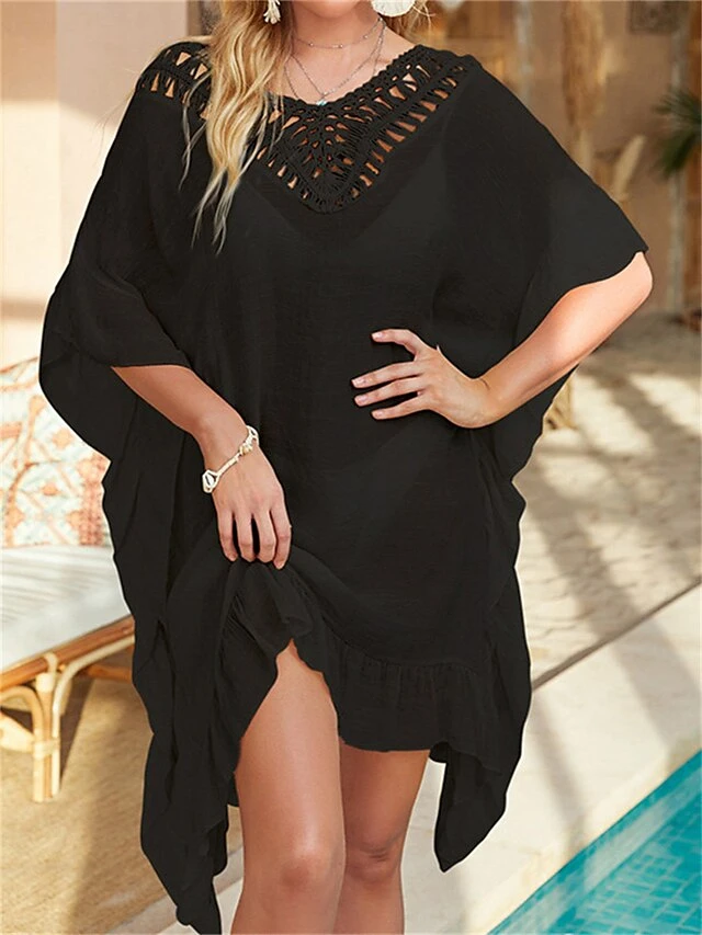 Women's Cover Up Beach Dress Beach Wear Mini Dress Tassel Fringe Ruffle Hoty Plain V Neck Half Sleeve Regular Fit Vacation Beach Black White 2023 Spring Summer 5 Women's Cover Up Beach Dress Beach Wear Mini Dress Tassel Fringe Ruffle Hoty Plain V Neck Half Sleeve Regular Fit Vacation Beach Black White 2023 Spring Summer - Image 5