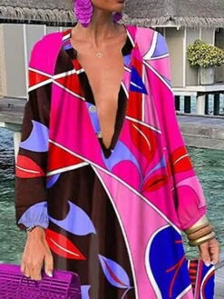 Women's Casual Dress Shirt Dress Shift Dress Long Dress Maxi Dress Yellow Fuchsia Long Sleeve Floral Button Winter Fall Deep V Mature Winter Dress Weekend Fall Dress Loose Fit 2023 S M L XL XXL 3XL -Casual Print Dress Sales zgutxc1660629969550