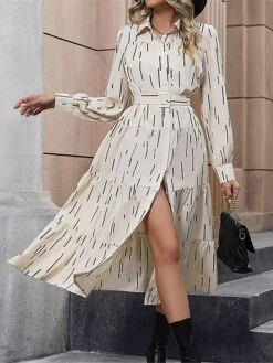 Women's Shirt Dress Casual Dress Midi Dress Outdoor Daily Polyester Fashion Modern Shirt Collar Button Pocket Long Sleeve Fall Winter 2023 Loose Fit Apricot Geometric Striped S M L XL