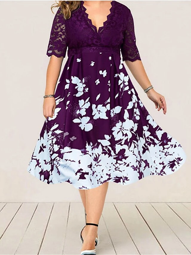 Women‘s Plus Size Curve Party Dress Cocktail Dress Work Dress Midi Dress Black Navy Blue Purple Half Sleeve Floral Lace Summer Spring Fall V Neck Fashion Wedding Guest Vacation Summer Dress 2023 5 Women‘s Plus Size Curve Party Dress Cocktail Dress Work Dress Midi Dress Black Navy Blue Purple Half Sleeve Floral Lace Summer Spring Fall V Neck Fashion Wedding Guest Vacation Summer Dress 2023 - Image 5