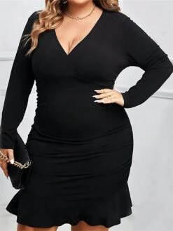 Women's Plus Size Curve Party Dress Bodycon Sheath Dress Plain Midi Dress Long Sleeve Ruched Ruffle V Neck Fashion Party Black Fall Winter XL XXL 3XL