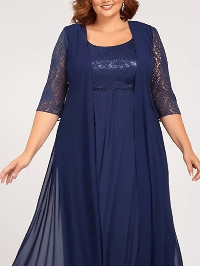 Women's Plus Size Curve Two Piece Dress Set Party Dress Chiffon Dress Party Wedding Guest Fashion Elegant Lace Long Dress Maxi Dress Crew Neck 3/4 Length Sleeve Plain Navy Blue Spring Fall L XL 2 Women's Plus Size Curve Two Piece Dress Set Party Dress Chiffon Dress Party Wedding Guest Fashion Elegant Lace Long Dress Maxi Dress Crew Neck 3/4 Length Sleeve Plain Navy Blue Spring Fall L XL - Image 2